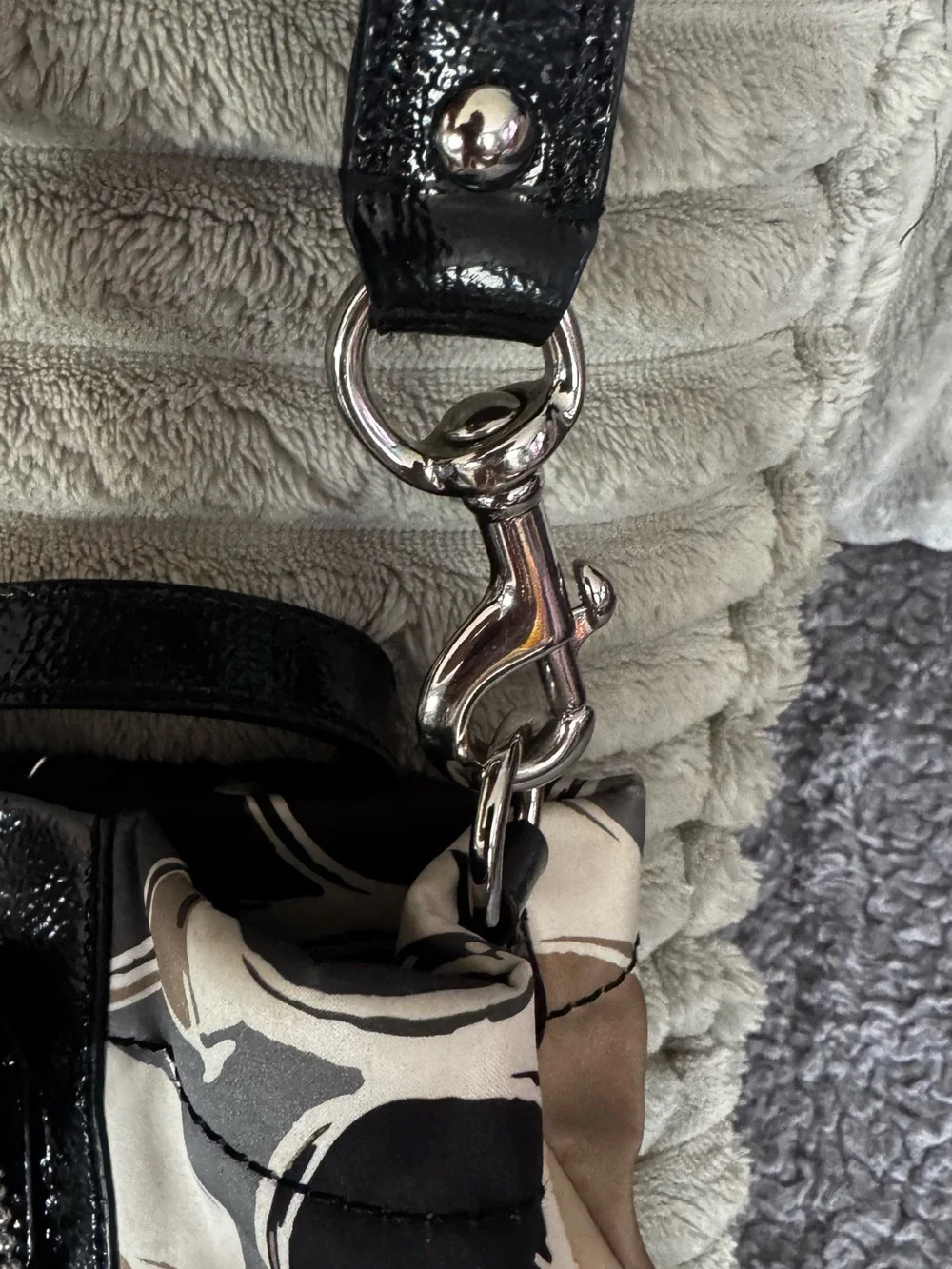 Coach Beige, Black & Cream Signature Circle Tote with Patent Trim